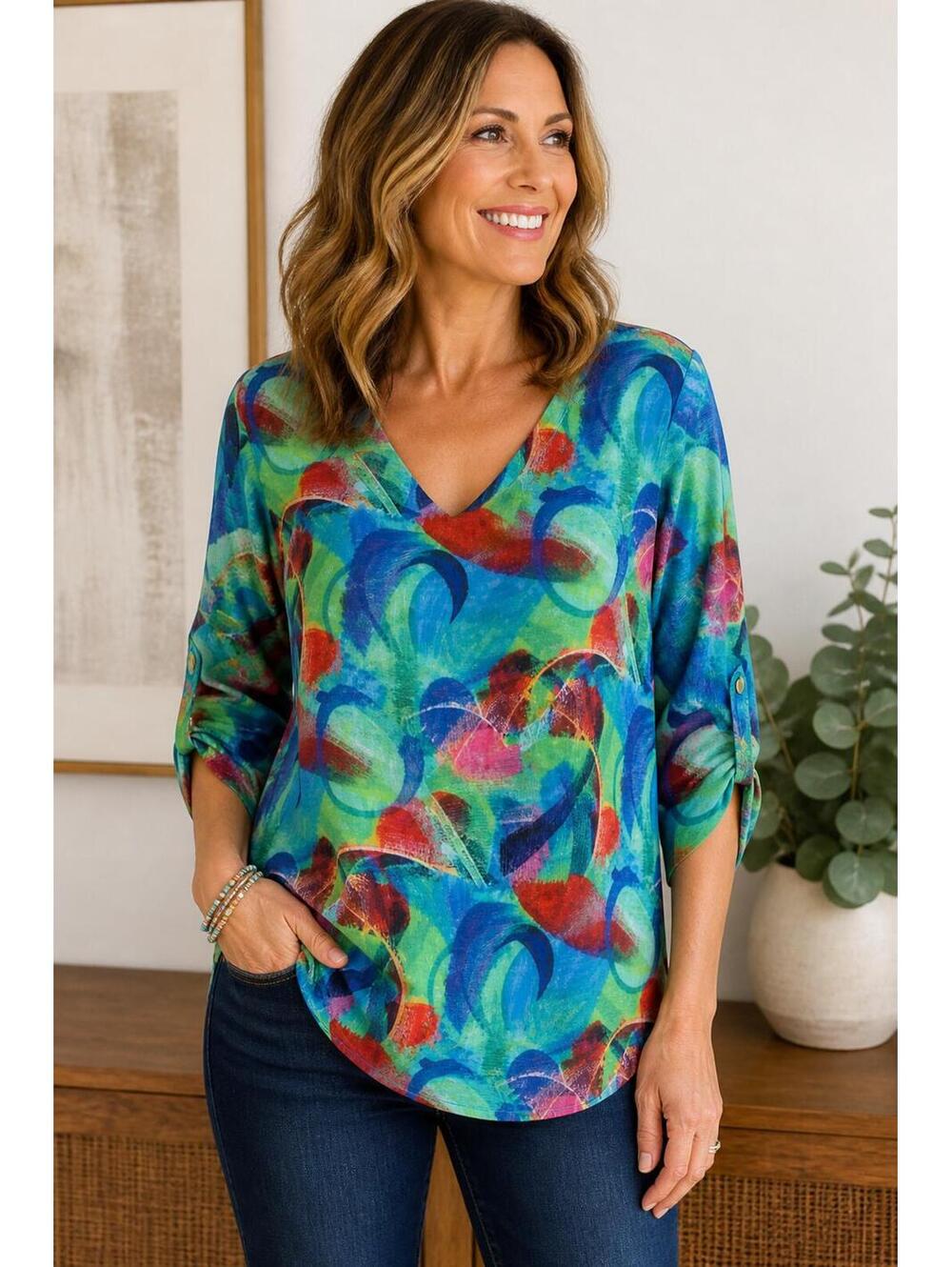 Nally & Millie Abstract Print Top Multicolor 3/4 Sleeve M